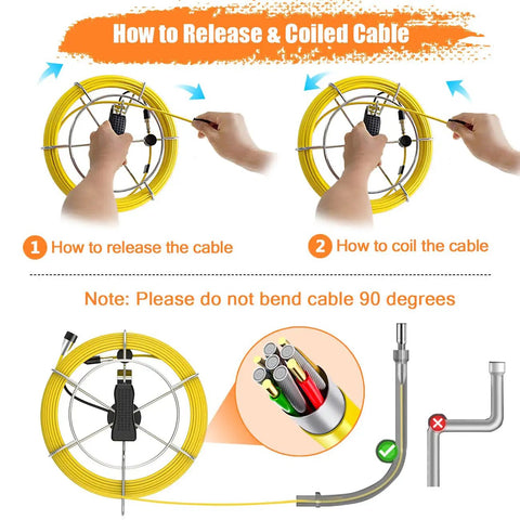 Instructions on how to release and coil yellow cable for Badass Sewer Camera With Locator And 512Hz Sonde Transceiver.