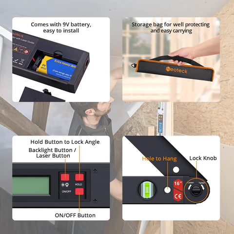 Aluminum Digital Angle Finder With Laser For Pro Grade Precise Marking And Layout 225 Degree Angle Ruler With Class 2 Laser Under One Milliwatt Visible Line Up To Three Meters For Walls Floors And Workpieces, with battery and carry bag