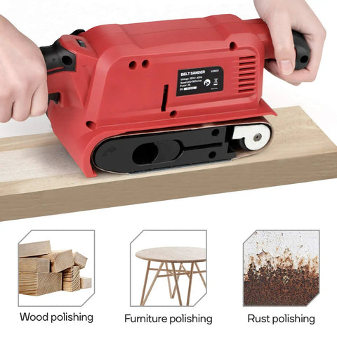 Beast 7 Amp Belt Sander with Six Variable Speed Settings from 200 to 360 RPM sanding wood, shown with applications for polishing.
