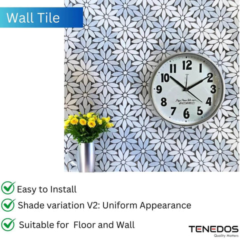 Tenedos daisy flower mosaic tile sheets in light Celeste blue and white Thassos marble, waterjet cut, 10 sheets
