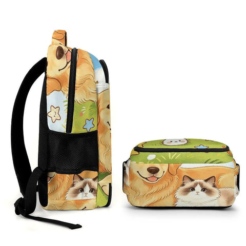 Side view of Sunny Grass Pet Duo Printed Unisex Backpack Large Capacity With Durable Polyester, showing pet graphics.