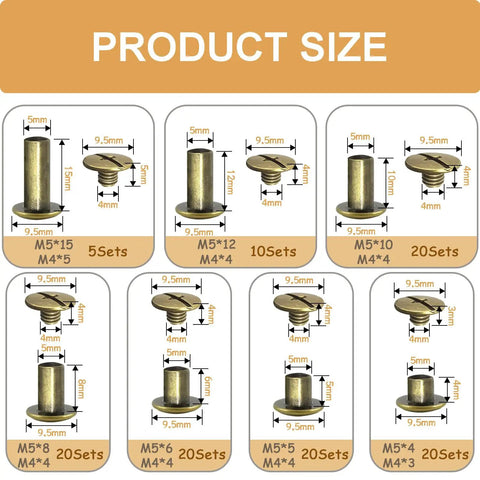 Product size chart showing various dimensions of 115 Piece Chicago Screws Leather Rivet Kit With M5x4 M5x5 M5x6 M5x8 M5x10 M5x12 M5x15 And M4x3 M4x4 M4x5 Bronze Brass Rivets For Leatherworking Tools