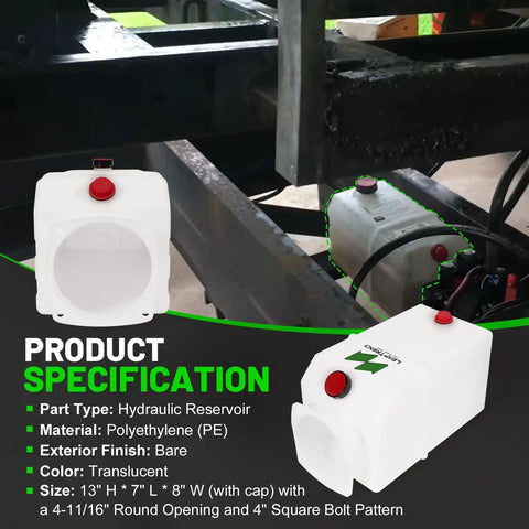 6 Quart Poly Power Unit Hydraulic Fluid Reservoir Tank For Heavy Duty Systems with product specifications and visuals.