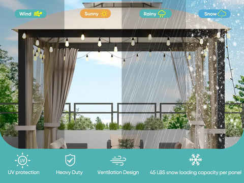Double Layer Soft Top Gazebo Canopy 10x10 Ft With Mosquito Netting And Metal Frame For Backyard And Deck Beige Easy Slide Dual Roof Breathable Venting For Windy Days And Chill Outdoor Hangouts