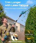 Man using 20V Cordless Pole Hedge Trimmer With 16 Inch Dual Action Blade Telescoping 8 Foot Pole Shoulder Strap