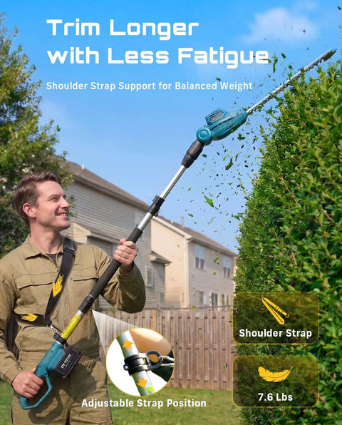 Man using 20V Cordless Pole Hedge Trimmer With 16 Inch Dual Action Blade Telescoping 8 Foot Pole Shoulder Strap