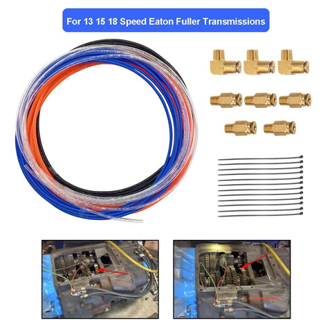 Auxazalux air line kit for Eaton Fuller; 12 ft high-pressure tubes with push-in fittings, brass adapters, zip ties