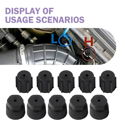 10 Pack A/C Valve Core Port Caps for Most Cars, Heavy-Duty ABS Plastic, installed on high and low pressure ports, black