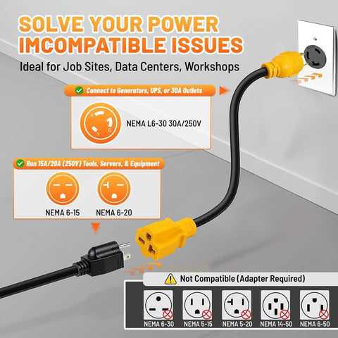 Heavy Duty Heft No Sweat Setup Nema L6-30P To L6-20R Locking Adapter Cord, 30A 250V Male To 20A Female Plug, One Foot 12 Awg Sjta Boss Level Power Cable for EV Chargers.