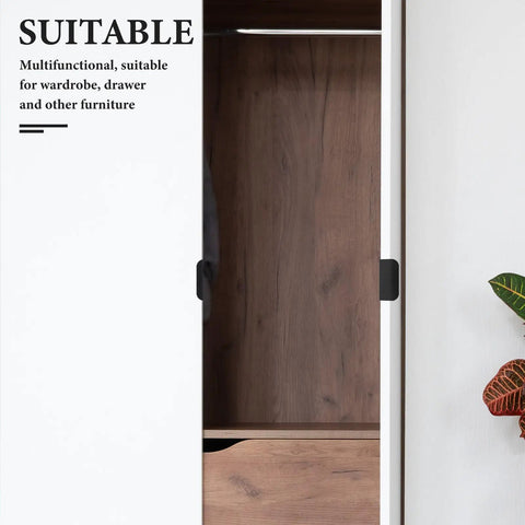 Open wardrobe with Matte Black Hidden Edge Pull Cabinet Drawer Handles 12 Pieces Aluminum Alloy 80mm Back Mount Concealed Hardware.