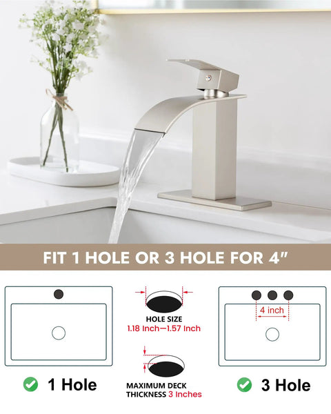 Waterfall Bathroom Faucet In Brushed Nickel 1 Or 3 Hole Deck Mount SUS304 Stainless Steel Sink Tap flowing into basin