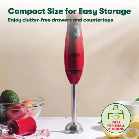 No Fuss Hand Immersion Blender With Attachable Whisk Piece 2 Speed 250 Watt Motor Dishwasher Safe Kitchen Game Changer For Quick Meals And Smooth Blends In Bold Red on a countertop with vegetables.