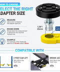 Heavy Duty 4 Pack Two Post Car Lift Pads Compatible With 35mm Shaft Screw Up Adjustable Lift Arm Grips Lock Down Tight Shop Grade Rock Solid Garage, adapter size guide image.