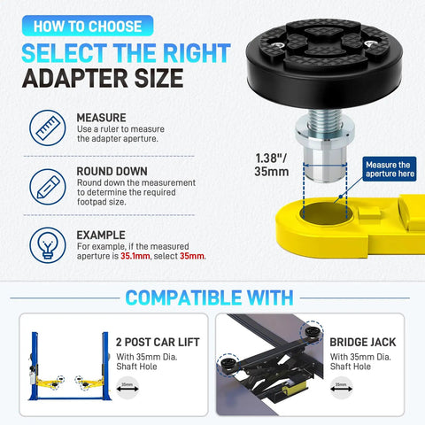 Heavy Duty 4 Pack Two Post Car Lift Pads Compatible With 35mm Shaft Screw Up Adjustable Lift Arm Grips Lock Down Tight Shop Grade Rock Solid Garage, adapter size guide image.