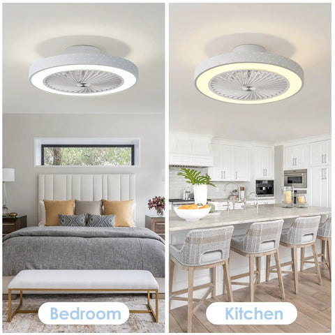 Low Profile Flush Mount Ceiling Fan With Lights Remote Control in bedroom and kitchen setting.