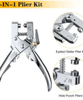 Front view of Three Sixteenth Inch Grommet Tool Kit Eyelet Pliers Set with Hole Punch Hand Press, silver pliers