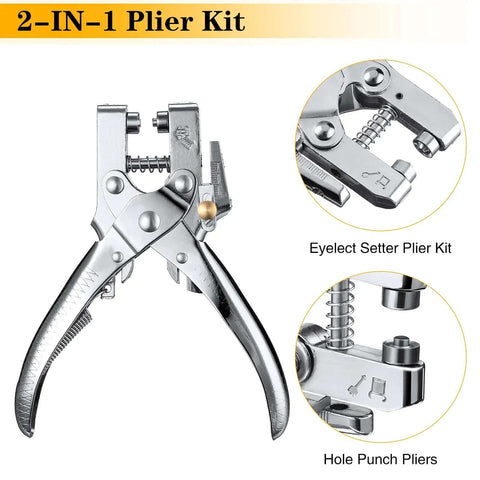Front view of Three Sixteenth Inch Grommet Tool Kit Eyelet Pliers Set with Hole Punch Hand Press, silver pliers