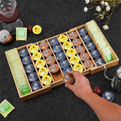 Expandable Bamboo K Cup Holder Drawer Organizer For Coffee Pods And Tea Bags Flexible 12.6 To 21.6 Inch Pod Storage Tray