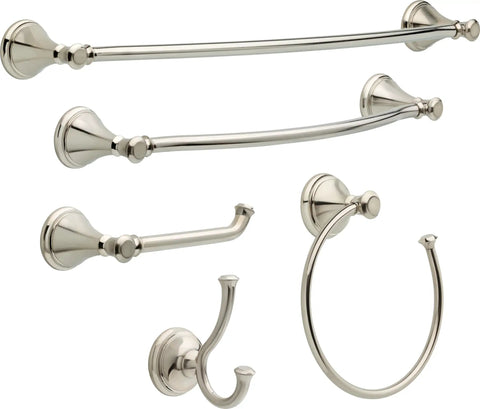 Cassidy 24 Inch Wall Mount Towel Bar With Brilliance Stainless Finish and matching bath hardware set displayed