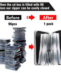 Before and after comparison of Heavy Duty 96 Disc CD DVD Case Storage Binder In Hard Plastic, showing compact organization.