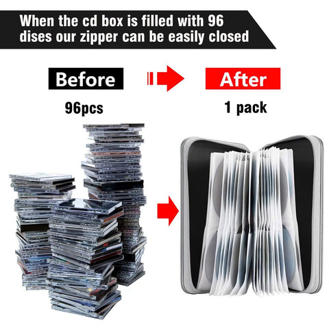 Before and after comparison of Heavy Duty 96 Disc CD DVD Case Storage Binder In Hard Plastic, showing compact organization.