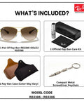 RB3386 Pilot Shape Non Polarized Sunglasses For Men With Brown Gradient Lenses And Official Eyewear Kit displayed with case and accessories
