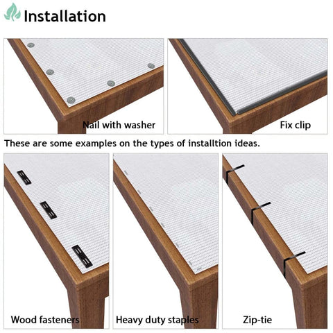 Installation methods for 8x50 Sun Shade Fabric Roll UV Blocking Shade Cloth showing nails, clips, zip-ties, and staples on wood.