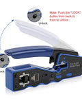 RJ45 Crimp Tool Kit Pass Through Ethernet Crimper For Cat5e Cat6 Cat6a 8P8C Modular Connectors showing locking mechanism