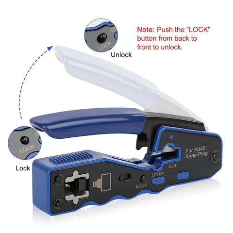 RJ45 Crimp Tool Kit Pass Through Ethernet Crimper For Cat5e Cat6 Cat6a 8P8C Modular Connectors showing locking mechanism