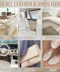 Collage showcasing Leather And Vinyl Repair Kit For Cars, Seats, Couches, Boats And Bags That Fix Scratches And Tears With Easy Color Matching, DIY Friendly. Images include furniture, auto seats, boat's interior, car interior, handbags, and shoes.