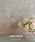 Beige Stone PVC Peel And Stick Wall Tiles 30cm X 30cm 3D Self Adhesive Backsplash with flowers in vase to the right