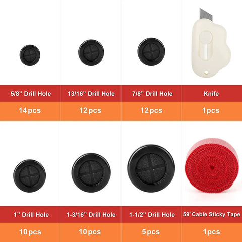 Image displaying the 63 Piece Rubber Grommet Kit For Drill Holes And Firewall Wiring Protection With Six Sizes, knife, and tape.