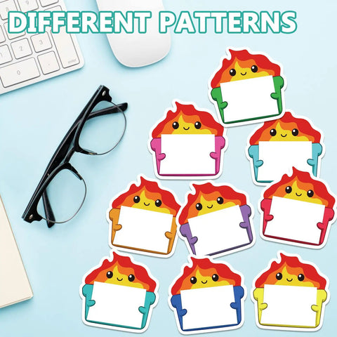 Dumpster Fire Sticky Notes 9 Pack Cute Shaped Self Adhesive Notepads arranged on a desk with glasses and a keyboard