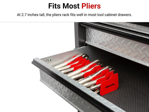 10 Tool Pliers Organizer Rack For Drawer Space Saving Holds 10 Pliers Upright Toolbox Ready Durable Made In USA Construction ORG41210 showing pliers organized in a drawer