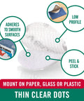 Thin Clear Fasteners, Low Profile 3/8 Inch Circles, 56 Count, shown with text on adheres to smooth surfaces and low profile