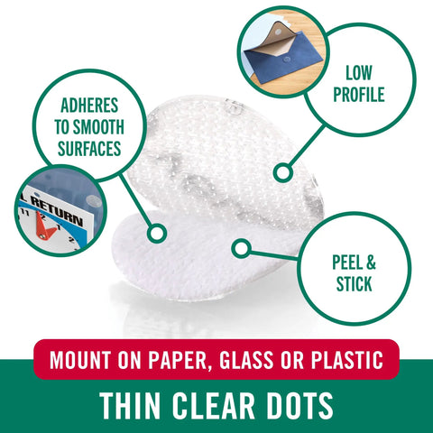 Thin Clear Fasteners, Low Profile 3/8 Inch Circles, 56 Count, shown with text on adheres to smooth surfaces and low profile