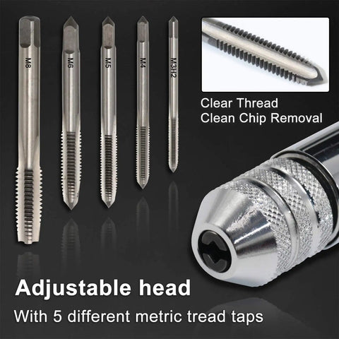 Ratchet T Handle Tap Wrench and 5 Metric Taps M3 M4 M5 M6 M8 Handy Two Way Adjustable Tapping Tool Kit for Home Workshop