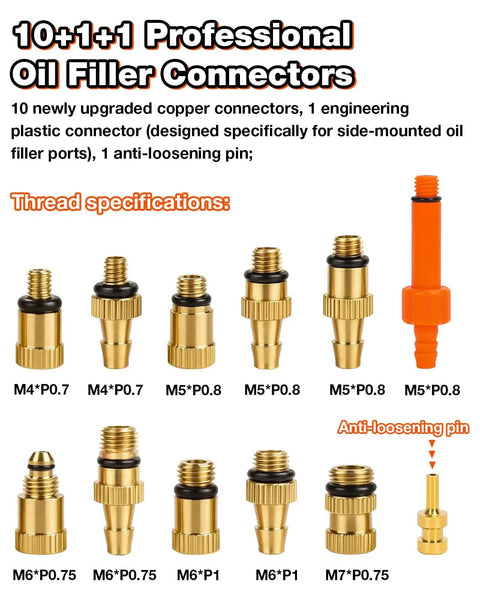 Hydraulic Bike Brake Bleed Kit For Shimano, SRAM, Tektro, And Magura with copper adapters and anti-loosening pin display