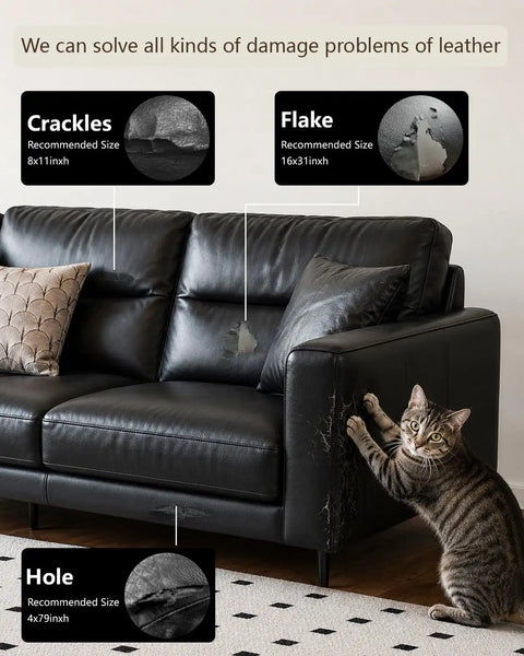 Heavy Duty Self Adhesive Leather Repair Tape Kit For Beat Up Furniture Sofa And Car Seats Quick Waterproof Vinyl Patch Fix on a damaged sofa with a cat.