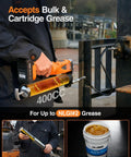 Beefy 2-In-1 Electric Grease Gun With 10000 PSI Cordless Power, Dual Batteries, connected to machinery with 39.4 Inch Hose