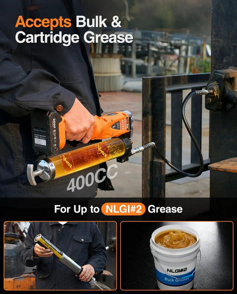 Beefy 2-In-1 Electric Grease Gun With 10000 PSI Cordless Power, Dual Batteries, connected to machinery with 39.4 Inch Hose
