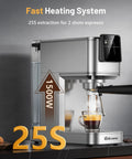 Heavy Hitter 20 Bar Espresso Machine Featuring A Sleek Beige Finish Built In Frother For Silky Lattes Quick Cold Brew Option And Zero Hassle Daily Grind Routine, showcasing fast heating system and espresso extraction.