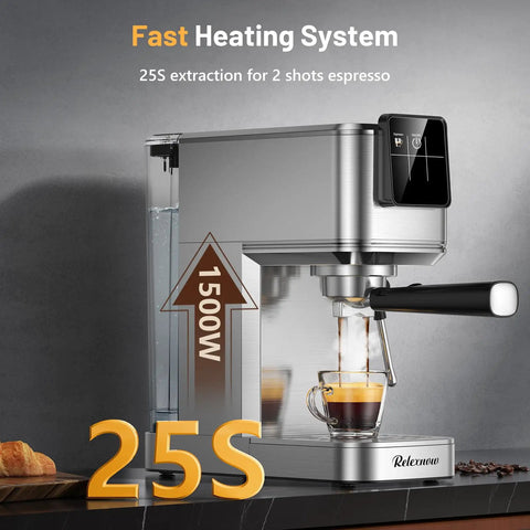 Heavy Hitter 20 Bar Espresso Machine Featuring A Sleek Beige Finish Built In Frother For Silky Lattes Quick Cold Brew Option And Zero Hassle Daily Grind Routine, showcasing fast heating system and espresso extraction.