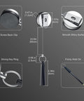 Center finder compass for woodturning; 300 mm diameter, 60 cm cord, screw-back clip, key ring, and molded handle