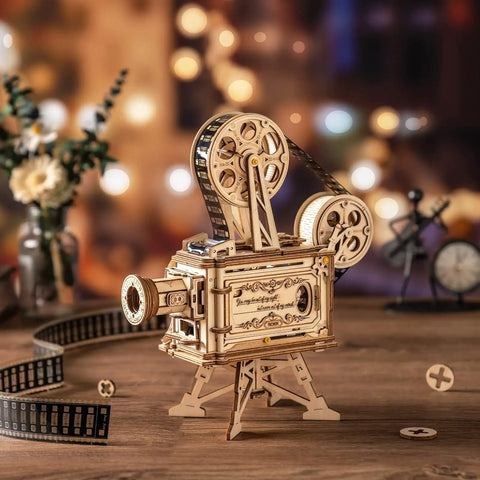 3D Wooden Puzzle Kit For Adults, 183 Piece Mechanical Model Build, Vintage Movie Projector Craft, Hand Crank Power, No Battery Required, Realistic Animations In Darkness, Sweet Gift For Adults 14 Plus wooden film projector on stand