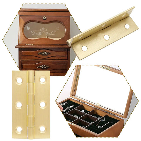 Eight 2.5 Inch Brass Butt Hinges Set for Cabinet Doors, Boxes, Jewelry Boxes, and Small Furniture in Gold Finish, close-up view.