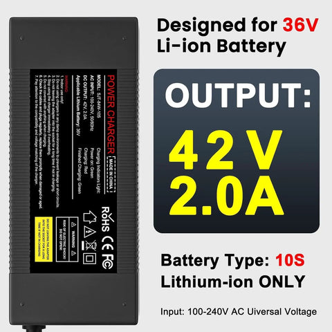 36V Li Ion Battery Charger 42V 2A For Electric Scooters Hoverboards And E Bikes Compatible With 36V Battery Packs Only