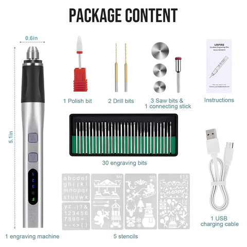 Upgrade 2 Way Rotary Electric Engraving Pen With 37 Bits Cordless USB Rechargeable DIY Engraver showing package contents