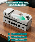 Screwless Mini Grinding Vise With Alloy Steel Insert, Precision Machined For Rock Solid Squareness And Durable Jaws, Fast One Hand Clamping, Compact Workholding For Tiny Detail Milling And Metalworking Projects on wood table