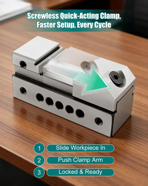 Screwless Mini Grinding Vise With Alloy Steel Insert, Precision Machined For Rock Solid Squareness And Durable Jaws, Fast One Hand Clamping, Compact Workholding For Tiny Detail Milling And Metalworking Projects on wood table